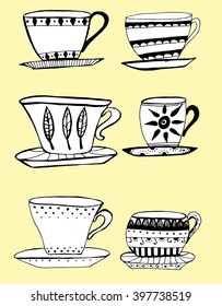 Set of stylized cups. A tea set. Coffee cups. Dishes. Line art. Black and white drawing by hand. Decorative.