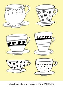 Set of stylized cups. A tea set. Coffee cups. Dishes. Line art. Black and white drawing by hand. Decorative.