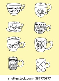 Set of stylized cups. A tea set. Coffee cups. Dishes. Line art. Black and white drawing by hand. Decorative. 