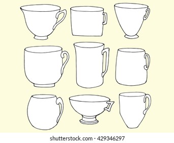 Set of stylized cups. A tea set. Coffee cups. Dishes. Line art. Black and white drawing by hand. Decorative. 