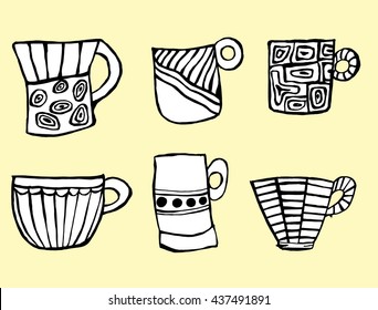 Set of stylized cups. A tea set. Coffee cups. Dishes. Line art. Black and white drawing by hand. Decorative.