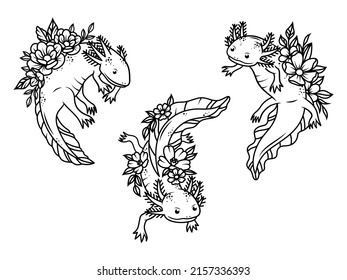 Set of stylized cute axolotl salamanders. Collection of decorative reptiles with floral patterns. Wild nature. Vector illustration of scaly lizards. Tattoos.