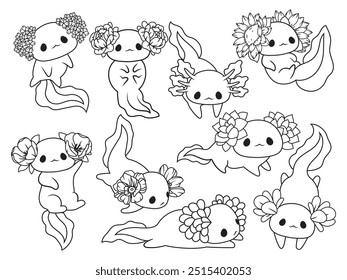 Set of stylized cute axolotl salamanders. Collection of decorative reptiles with floral patterns. Wild nature. Vector illustration of scaly lizards. Tattoos.