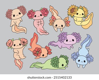 Set of stylized cute axolotl salamanders. Collection of decorative reptiles with floral patterns. Wild nature. Vector illustration of scaly lizards. Tattoos.