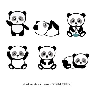 Set of stylized cute baby pandas in different positions - sleeping, playing, eating noodles, isolated on white background. Vector illustration for kids.