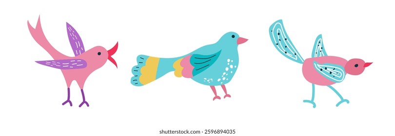 Set of stylized cute birds. Colorful vector illustration 