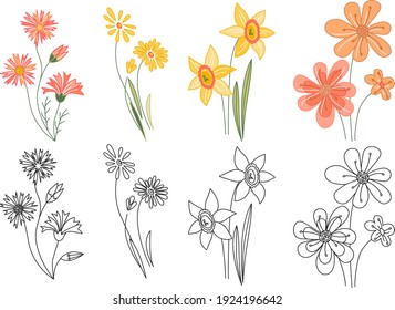 Set with stylized cute childish flowers on white background. Colored and linear black and white version. Illustration can be used for greeting cards and coloring books.