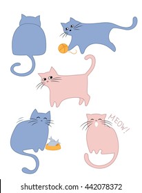 A set of stylized cute fat cats in blue and pink, vector illustration. A cat playing, eating, meowing, yawning, front and back view.