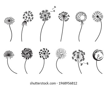 Set of stylized dandelions. Collection of plants with fluffy flying seeds. Field flower. Vinyl stickers on wall. Flower bud logo. Vector illustration of natural decorative elements.