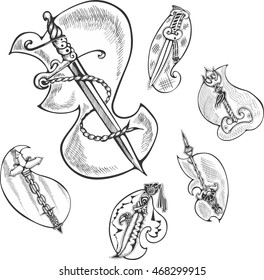 Set of stylized decorated blades. Vector illustrations.