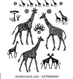 Set of Stylized Decorated stylized Giraffes in Ethnic style