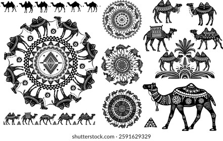 Set of stylized decorative Camels, vector black and white illustration