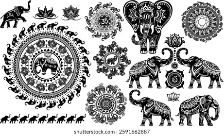 Set of stylized decorative elephants, vector black and white illustration