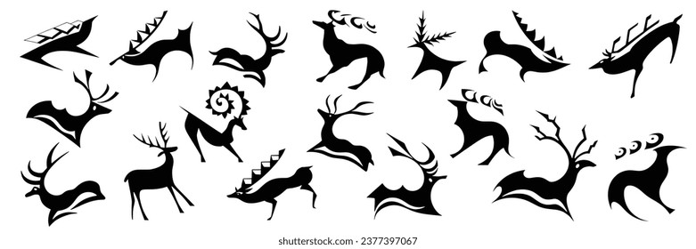 Set of stylized deer drawings, isolated on white background, vector design