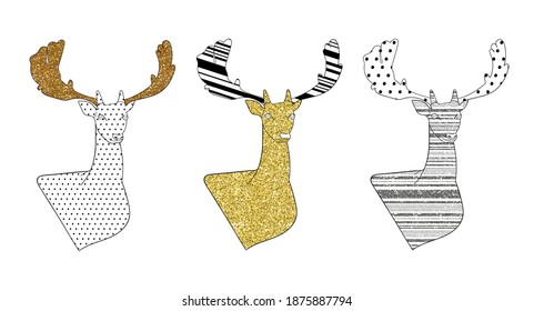 Set of stylized deer with gold, bronze and silver glitter. Elements for Christmas and New Year design. Isolated vector illustration.