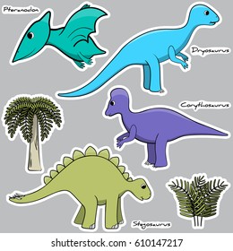 Set of stylized dinosaur stickers