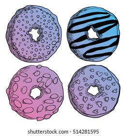 Set of stylized donuts. Sweets. Cake. Bakery products. Line art. Vector illustration.