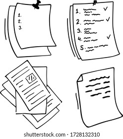 Set aus stilisierten Doodle-Noten. Eine leere nummerierte Liste, die durch einen Knopf fixiert ist, gefüllt Listen, Notizen, Erinnerungen. Handgezeichnete Vektorgrafik für Icons, Aufkleber und Design. Isoliert über weißem Hintergrund.