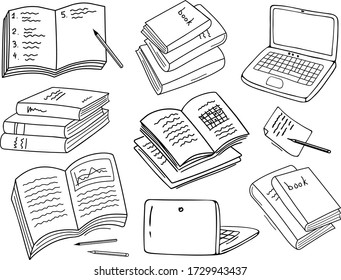 Un conjunto de doodles estilizados sobre el tema del aprendizaje, la lectura, el conocimiento. Libros, cuadernos, libros de texto, laptop, notas, lápiz y lápiz. Ilustración vectorial hecha a mano para iconos, pegatinas y diseño. 