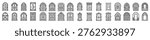 Set of stylized doors, gates, and arched entrances. Various architectural designs including gothic, art nouveau, and geometric. Decorative elements for design projects.