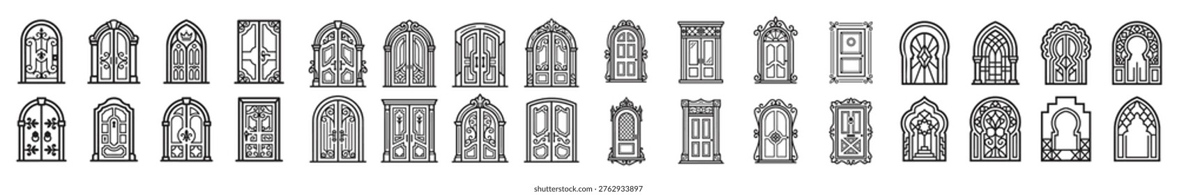 Set of stylized doors, gates, and arched entrances. Various architectural designs including gothic, art nouveau, and geometric. Decorative elements for design projects.