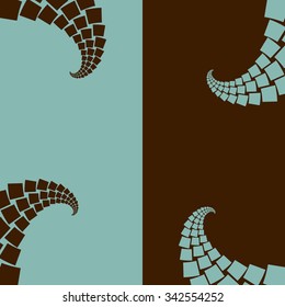 A set of stylized dragon tails, or curling branches of fern, in a blue and chocolate color palette.