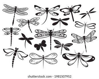 Conjunto de libélulas estilizadas. Colección de libélulas voladoras lineales. Ilustración vectorial de un fondo blanco.