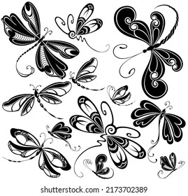 Set of stylized dragonflies. Collection of linear flying dragonflies. Vector illustration of on a white background.