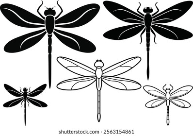 Set of stylized dragonflies. Collection of linear flying dragonflies. 