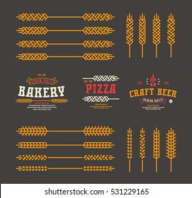 Set of stylized ear wheat. Template labels for bakery, pizza, beer. Color print on black background