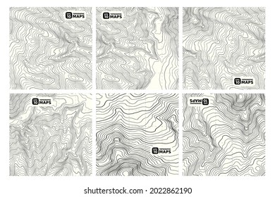 Set of stylized elevation topographic contour maps of the world in the form of lines, outlines. Concept of a conditional geographic scheme, trail of the area. Decoration material. Vector illustration.