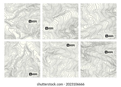 Set of stylized elevation topographic contour maps of the world in the form of lines, outlines. Concept of a conditional geographic scheme, trail of the area. Decoration material. Vector illustration.