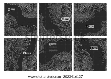 Set of stylized elevation topographic contour maps on black bacground form of lines, outlines. Concept of a conditional geographic scheme, trail of the area. Decoration material. Vector illustration.