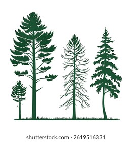 Eine Reihe von stilisierten immergrünen Baum-Silhouetten, jede mit einer einzigartigen Form und Umriss, in zwei Reihen von fünf Bäumen angeordnet. Die Bäume sind massiv grün ohne Umrisse.