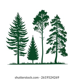 A set of stylized evergreen tree silhouettes, each with a unique shape and outline, arranged in two rows of five trees. The trees are solid green with no outlines.