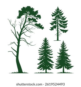 
A set of stylized evergreen tree silhouettes, each with a unique shape and outline, arranged in two rows of five trees. The trees are solid green with no outlines.
