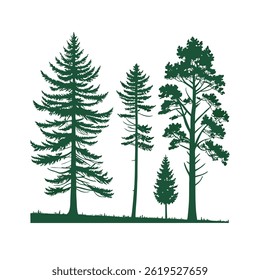 A set of stylized evergreen tree silhouettes, each with a unique shape and outline, arranged in two rows of five trees. The trees are solid green with no outlines.