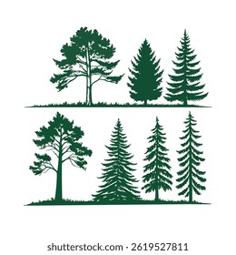 A set of stylized evergreen tree silhouettes, each with a unique shape and outline, arranged in two rows of five trees. The trees are solid green with no outlines.