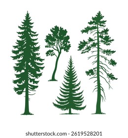 A set of stylized evergreen tree silhouettes, each with a unique shape and outline, arranged in two rows of five trees. The trees are solid green with no outlines.
