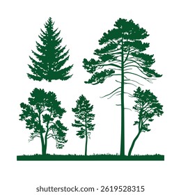 A set of stylized evergreen tree silhouettes, each with a unique shape and outline, arranged in two rows of five trees. The trees are solid green with no outlines.
