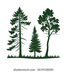 Eine Reihe von stilisierten immergrünen Baum-Silhouetten, jede mit einer einzigartigen Form und Umriss, in zwei Reihen von fünf Bäumen angeordnet. Die Bäume sind massiv grün ohne Umrisse.