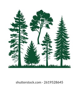 A set of stylized evergreen tree silhouettes, each with a unique shape and outline, arranged in two rows of five trees. The trees are solid green with no outlines.