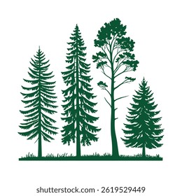 A set of stylized evergreen tree silhouettes, each with a unique shape and outline, arranged in two rows of five trees. The trees are solid green with no outlines.