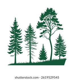 A set of stylized evergreen tree silhouettes, each with a unique shape and outline, arranged in two rows of five trees. The trees are solid green with no outlines.