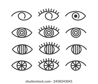 Establecer Iconos De Ojos Estilizados Con Varios Patrones O Diseños Dentro Del Iris, Como Círculos Sólidos Concéntricos, Líneas Radiales