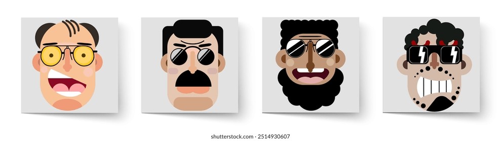 A set of stylized faces. Faces with glasses. Emotions on the faces. Flat design, avatars, emoticons. Close-up. Vector.
