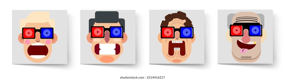 Un conjunto de caras estilizadas. Video Caras con gafas en el 3D. Emociones en las caras. Miedo, preocupación, ingenuidad, satisfacción. Diseño plano, avatares, emoticonos. Primer plano. Vector.