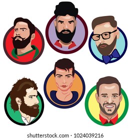 A set of stylized faces of men, hipsters. Isolated on various colored backgrounds.