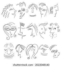 Set of stylized faces of people. Line art. Vector illustration. 