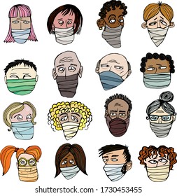 Set of stylized faces of people in medical masks.  Hand-drawing. Vector illustration.